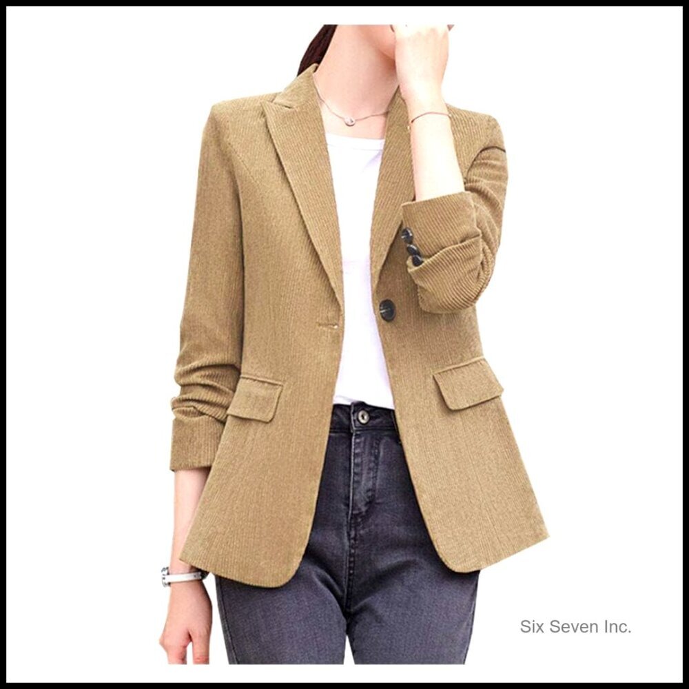 Slim Fit Corduroy Blazer Jacket Button Down Long Sleeve Work Office Coat